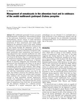 Management of Nematocysts in the Alimentary Tract and in Cnidosacs of the Aeolid Nudibranch Gastropod Cratena Peregrina