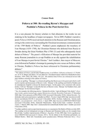 Poltava at 300: Re-Reading Byron’S Mazeppa and Pushkin’S Poltava in the Post-Soviet Era