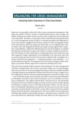 ORGANIZING for CRISIS MANAGEMENT Evaluating India’S Experience in Three Case Studies