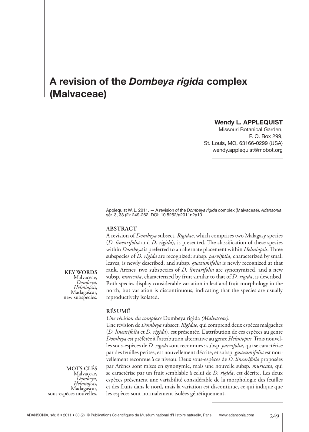 A Revision of the Dombeya Rigida Complex (Malvaceae)