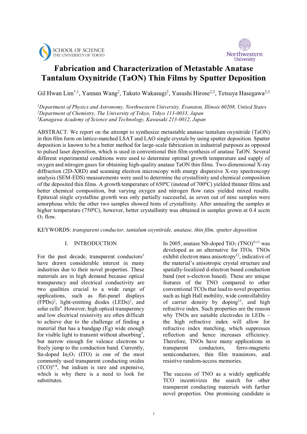 Fabrication and Characterization of Metastable Anatase Tantalum Oxynitride (Taon) Thin Films by Sputter Deposition