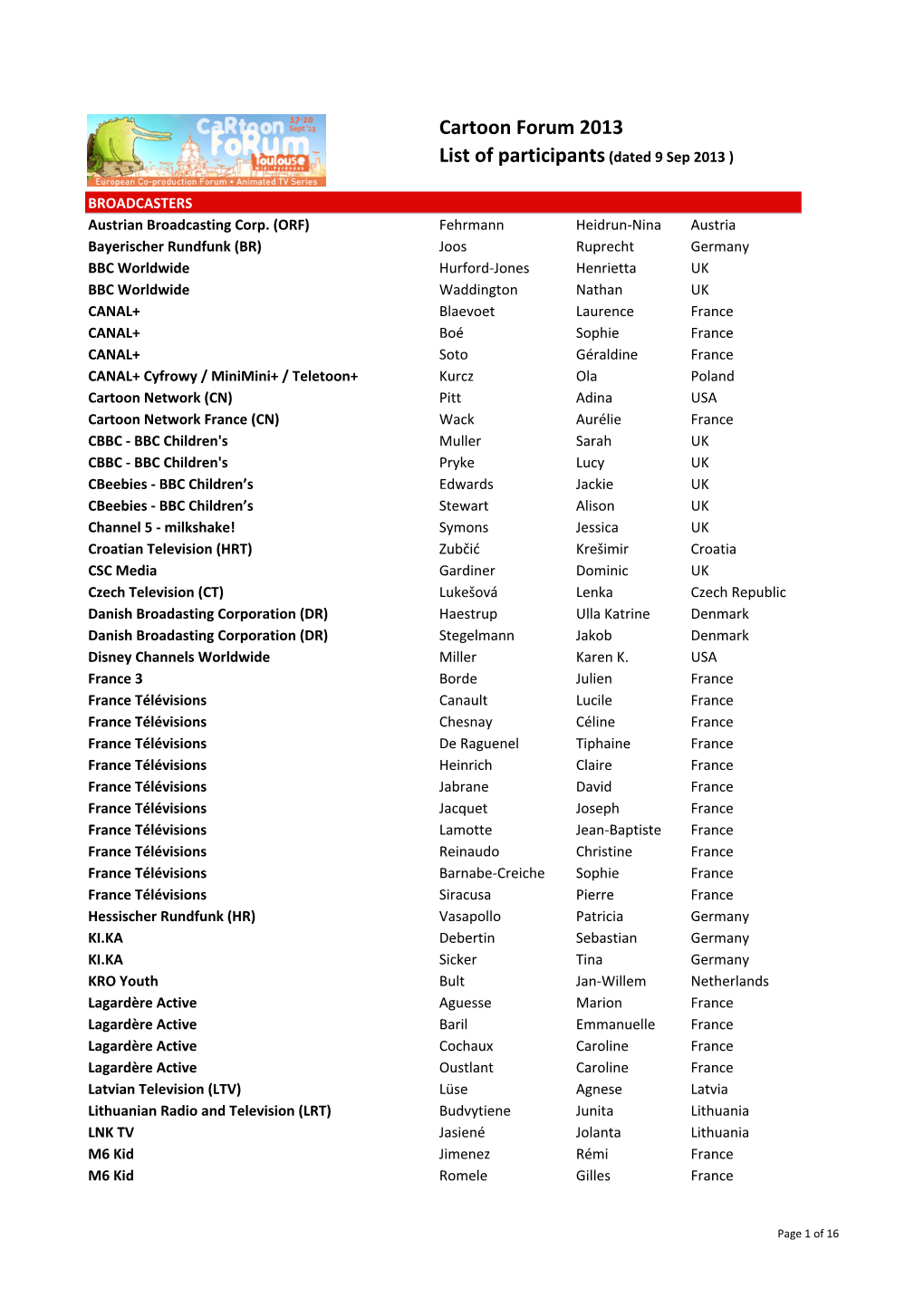 Cartoon Forum 2013 List of Participants (Dated 9 Sep 2013 )