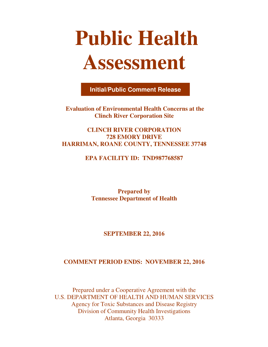 Evaluation of Environmental Health Concerns at the Clinch River Corporation Site