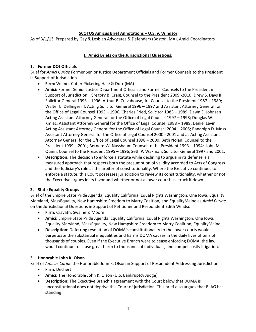 1 SCOTUS Amicus Brief Annotations – US V. Windsor As of 3/1/13, Prepared by Gay & Lesbian Advocates & Defenders