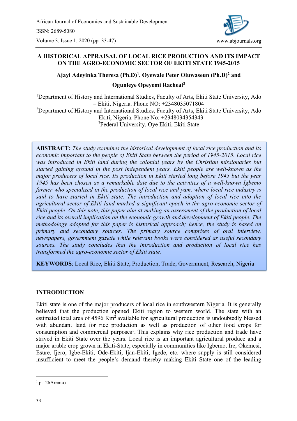 A Historical Appraisal of Local Rice Production and Its Impact on The