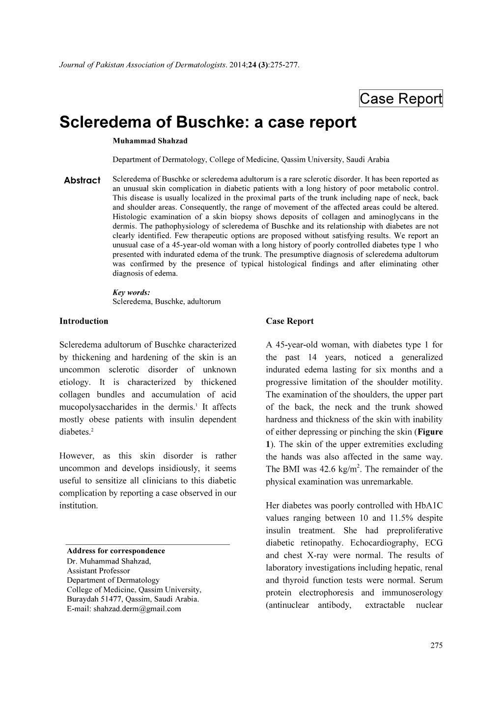 Scleredema of Buschke: a Case Report Muhammad Shahzad