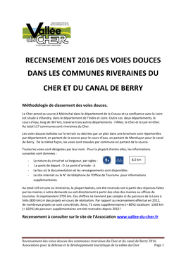 Recensement 2016 Des Voies Douces Dans Les Communes Riveraines Du Cher Et Du Canal De Berry