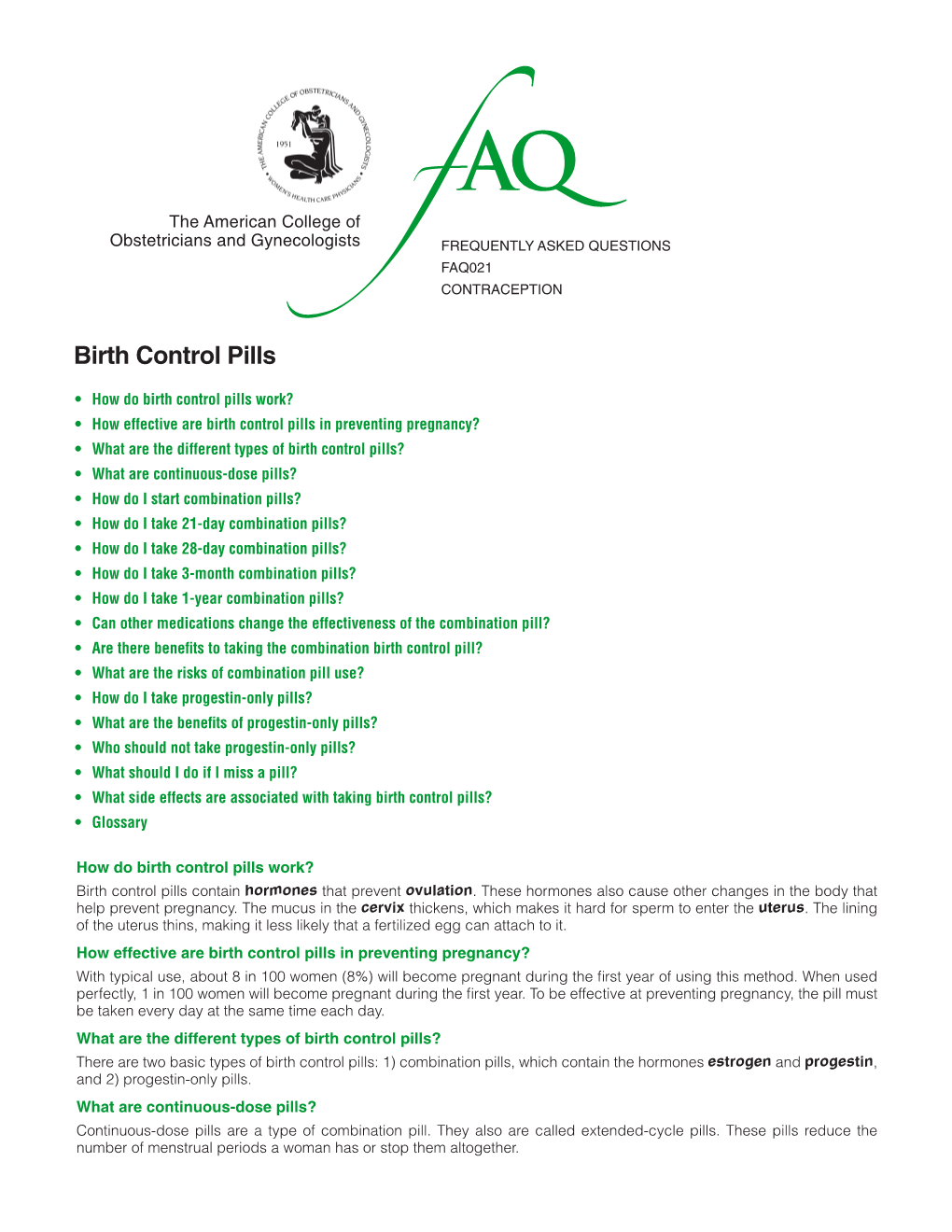 FAQ021 -- Birth Control Pills