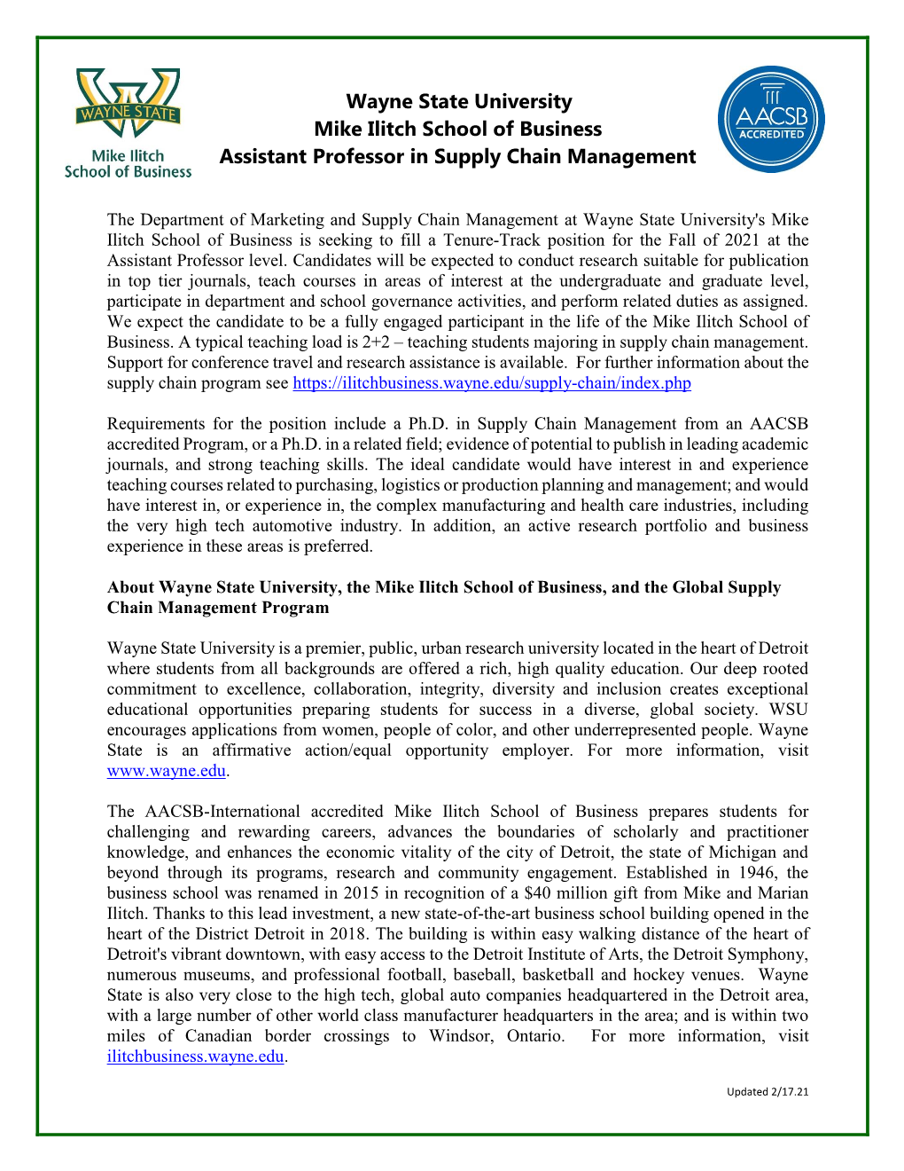 11. Assistant Professor in Supply Chain Management, Wayne State