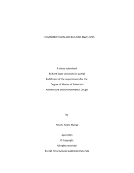 COMPUTER VISION and BUILDING ENVELOPES a Thesis Submitted To