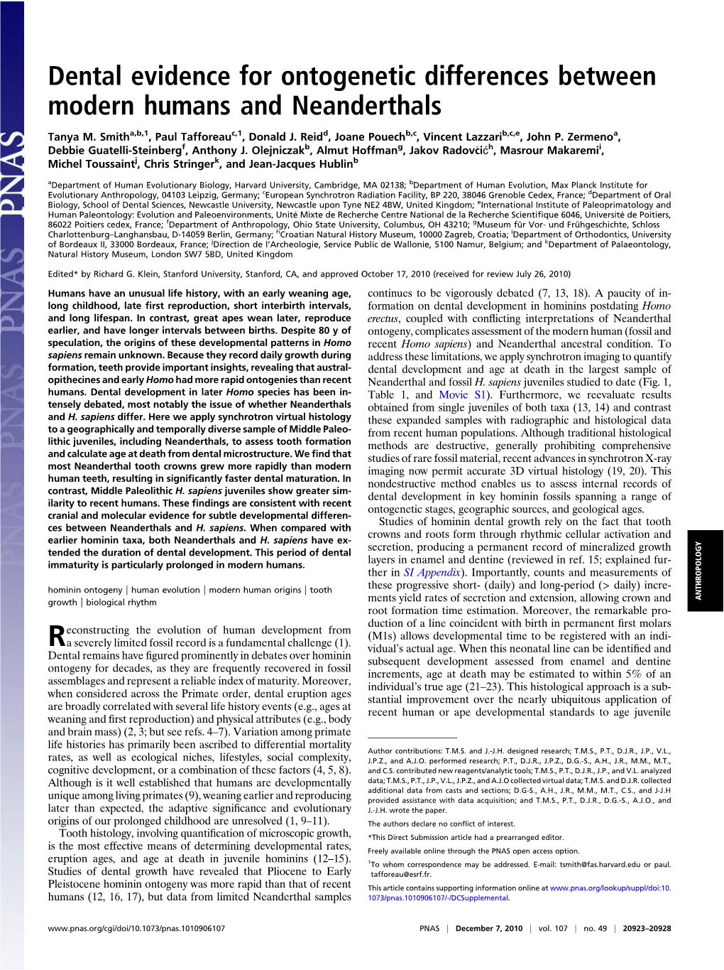 Dental Evidence for Ontogenetic Differences Between Modern Humans and Neanderthals Tanya M