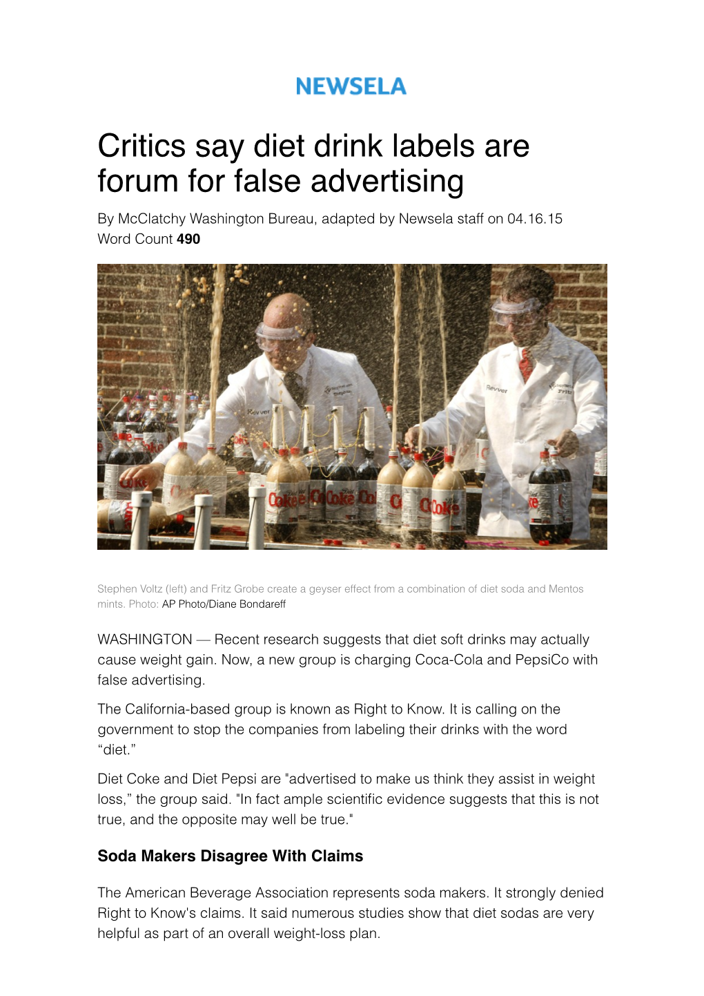 Critics Say Diet Drink Labels Are Forum for False Advertising by Mcclatchy Washington Bureau, Adapted by Newsela Staff on 04.16.15 Word Count 490