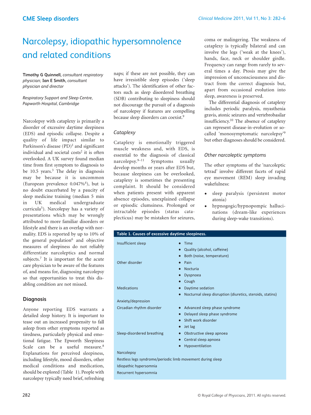 Narcolepsy, Idiopathic Hypersomnolence and Related Conditions