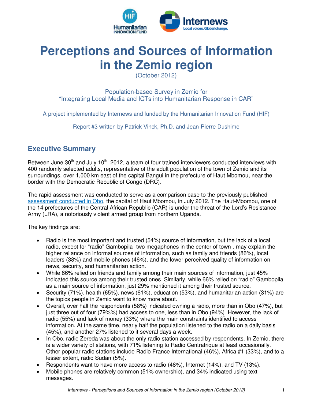 Perceptions and Sources of Information in the Zemio Region (October 2012)