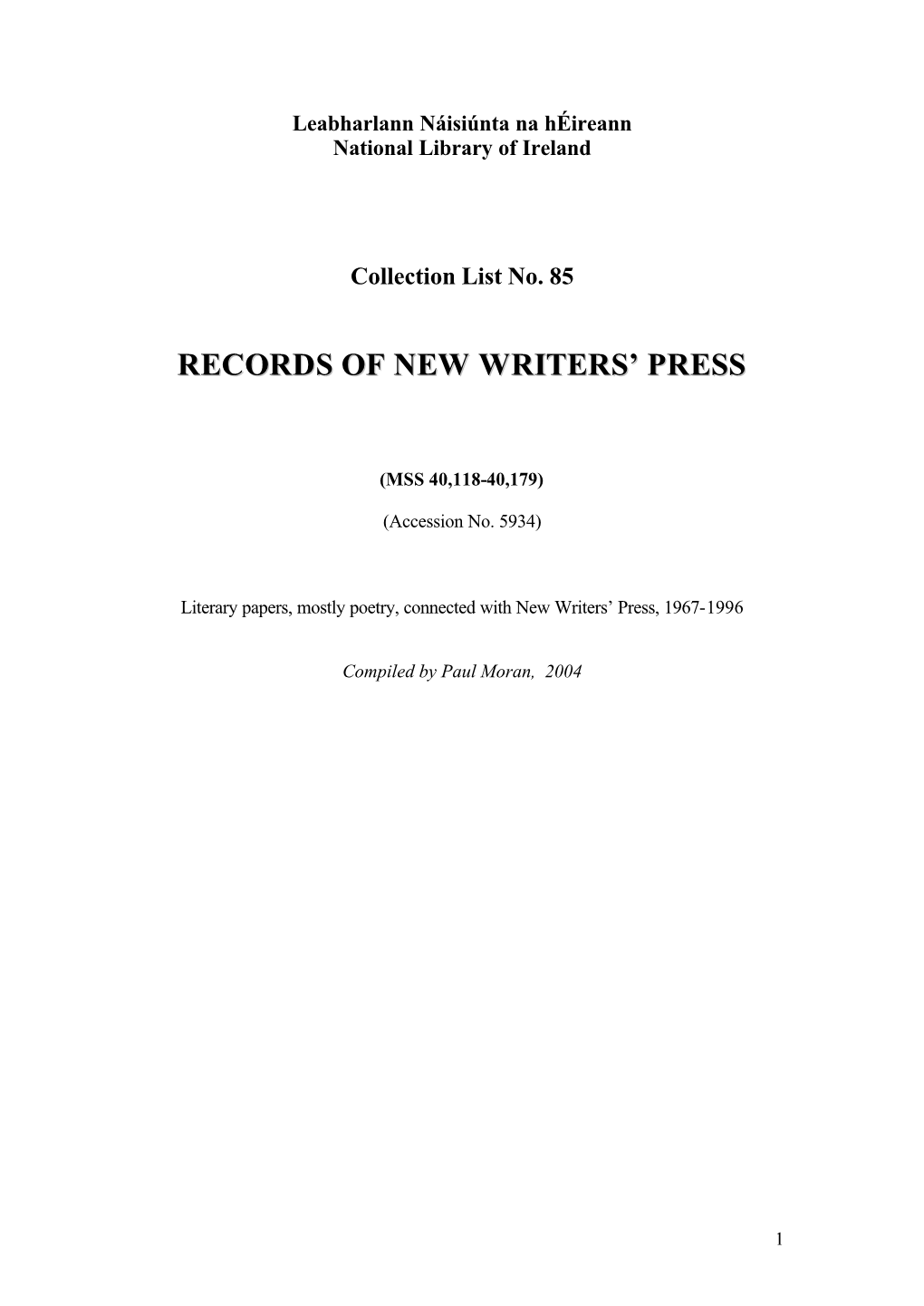 New Writers' Press List 85