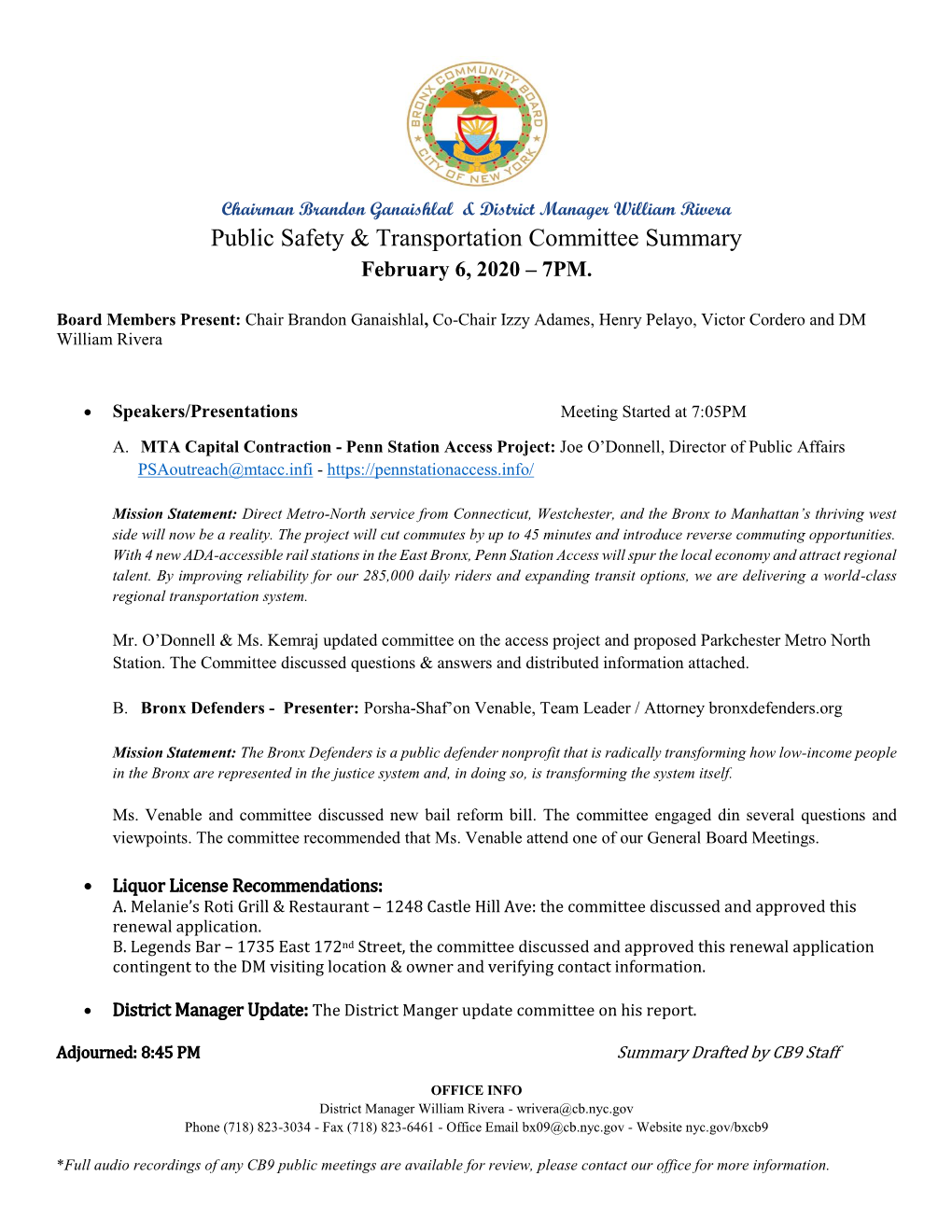 Public Safety & Transportation Committee Summary