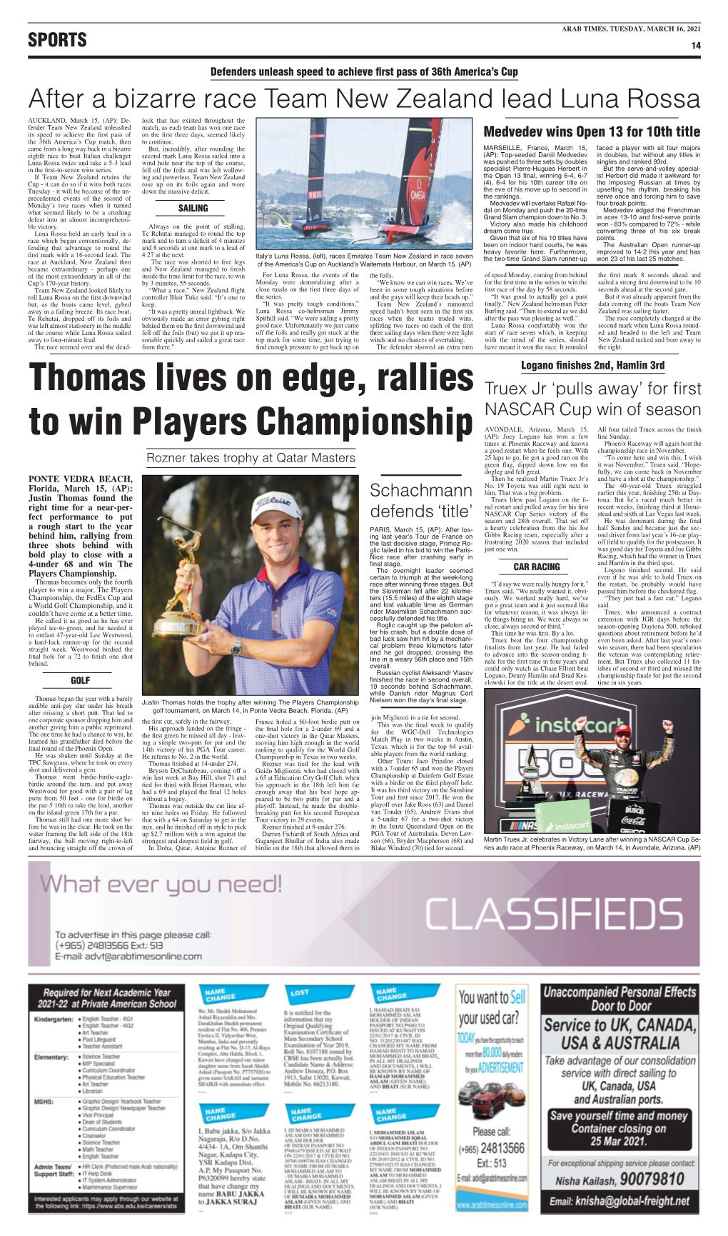 Thomas Lives on Edge, Rallies to Win Players Championship