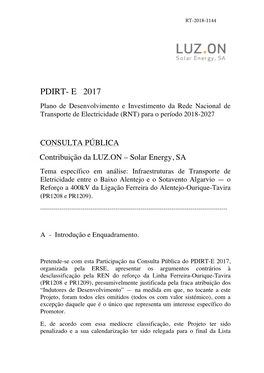 PDIRT- E 2017 Plano De Desenvolvimento E Investimento Da Rede Nacional De Transporte De Electricidade (RNT) Para O Período 2018-2027