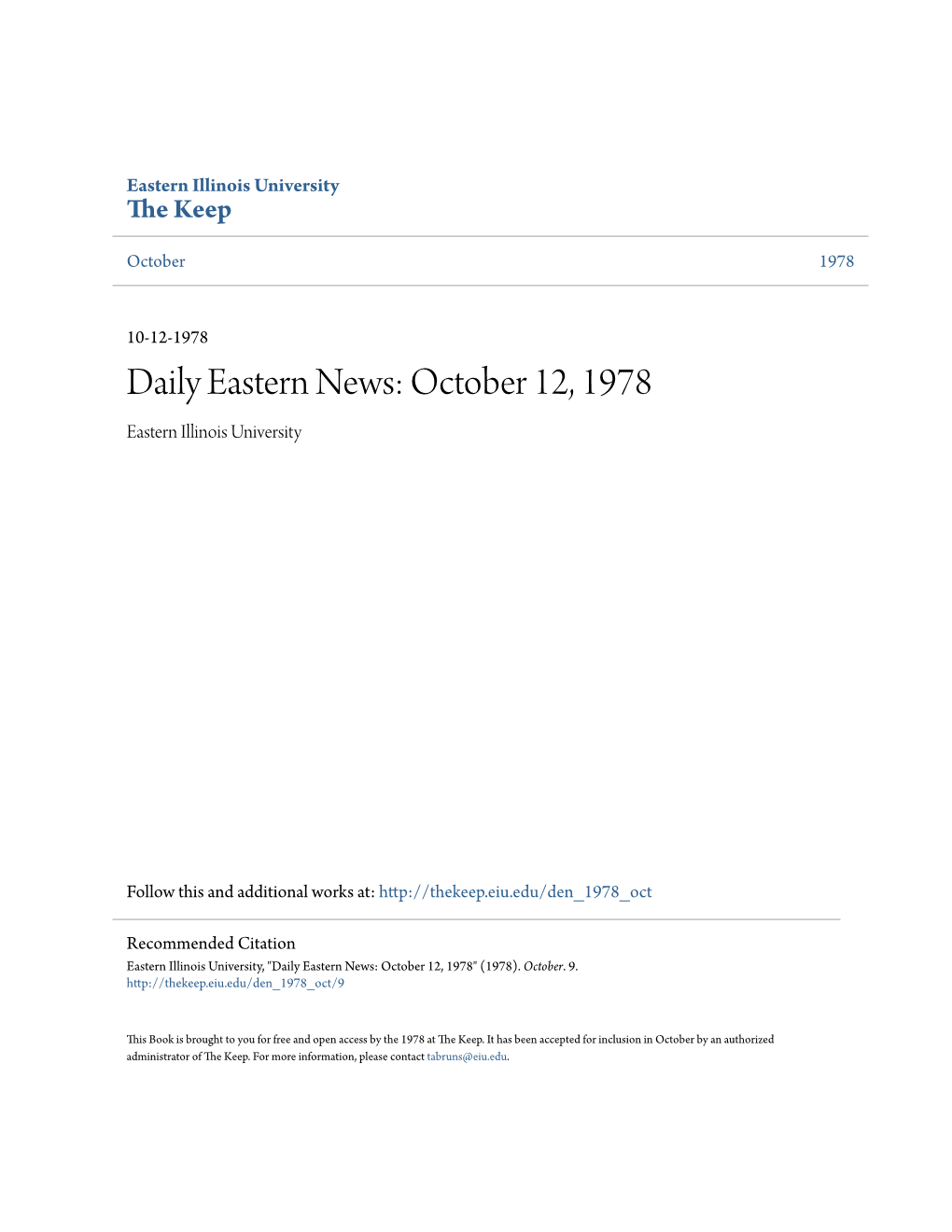 Eastern News: October 12, 1978 Eastern Illinois University