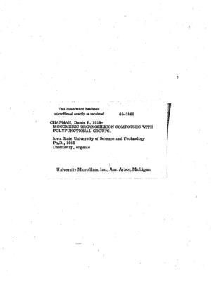 University Microfilms, Inc., Ann Arbor, Michigan MONOMERIC ORGANOSILICON COMPOUNDS