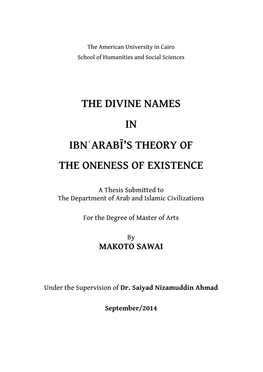 The Divine Names in Ibnʿarabī's Theory of the Oneness Of