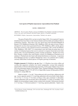A New Species of Wrightia(Apocynaceae: Apocynoideae) from Thailand the Genus Wrightiar.Br. Was Last Revised by Ngan (1965). He