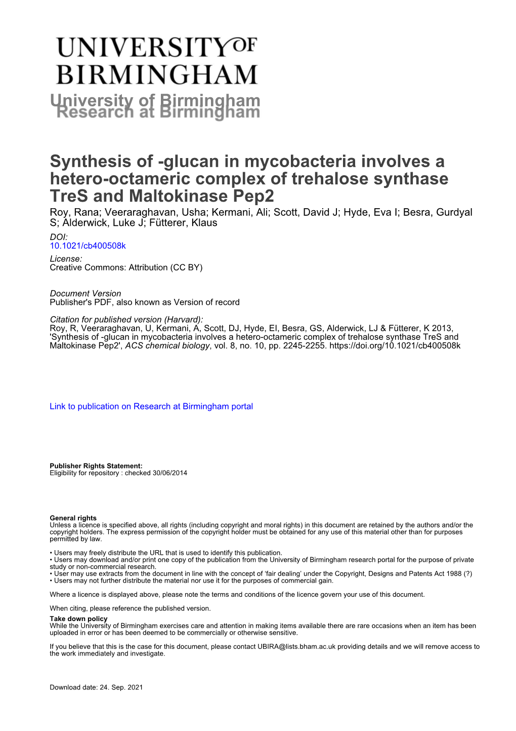 University of Birmingham Synthesis of -Glucan in Mycobacteria