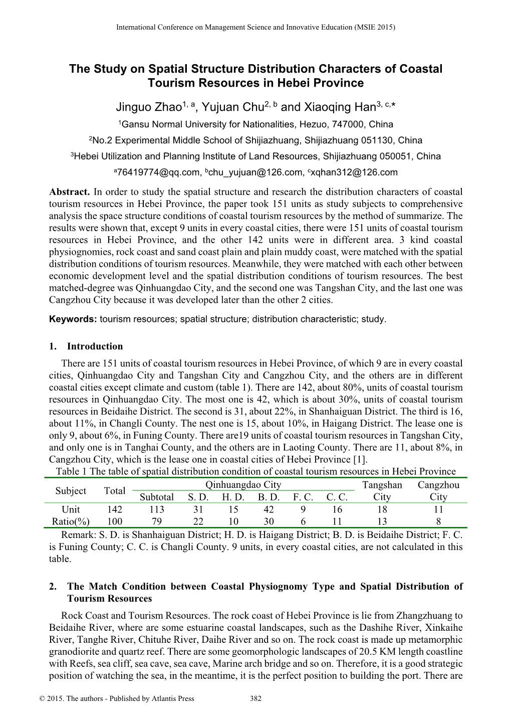 The Study on Spatial Structure Distribution Characters of Coastal Tourism Resources in Hebei Province Jinguo Zhao1, A, Yujuan Ch