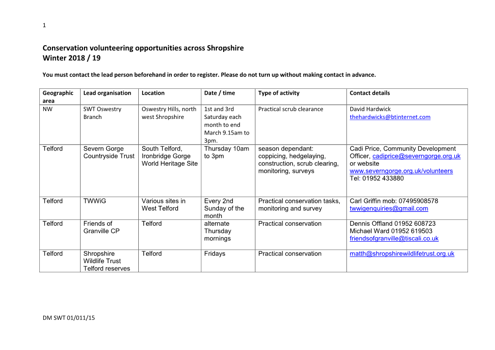 Conservation Volunteering Opportunities Across Shropshire Winter 2018 / 19