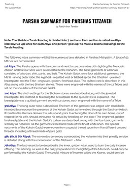 Parsha Summary for Parshas Tetzaveh the Judaism Site