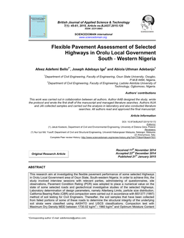 Flexible Pavement Assessment of Selected Highways in Orolu Local Government South - Western Nigeria
