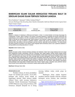 Bimbingan Islami Dalam Mengatasi Perilaku Bully Di Sekolah Dasar Islam Terpadu Tazkiah Langsa