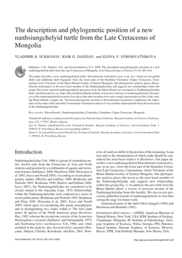 The Description and Phylogenetic Position of a New Nanhsiungchelyid Turtle from the Late Cretaceous of Mongolia