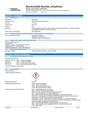 Aluminum(III) Fluoride, Anhydrous Safety Data Sheet M013201 According to Federal Register / Vol