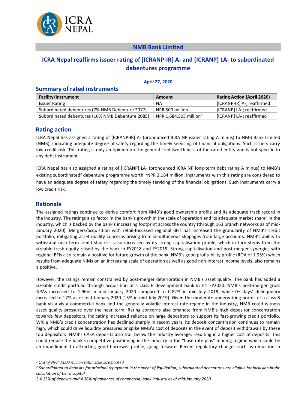 NMB Bank Limited ICRA Nepal Reaffirms Issuer Rating of [ICRANP-IR]