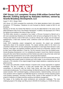 CNY Group, LLC Completes 70-Story $160 Million Central Park Marriott