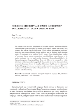 American Ethnicity and Czech Immigrants' Integration in Texas: Cemetery Data