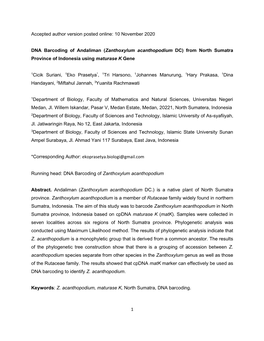 Zanthoxylum Acanthopodium DC) from North Sumatra Province of Indonesia Using Maturase K Gene