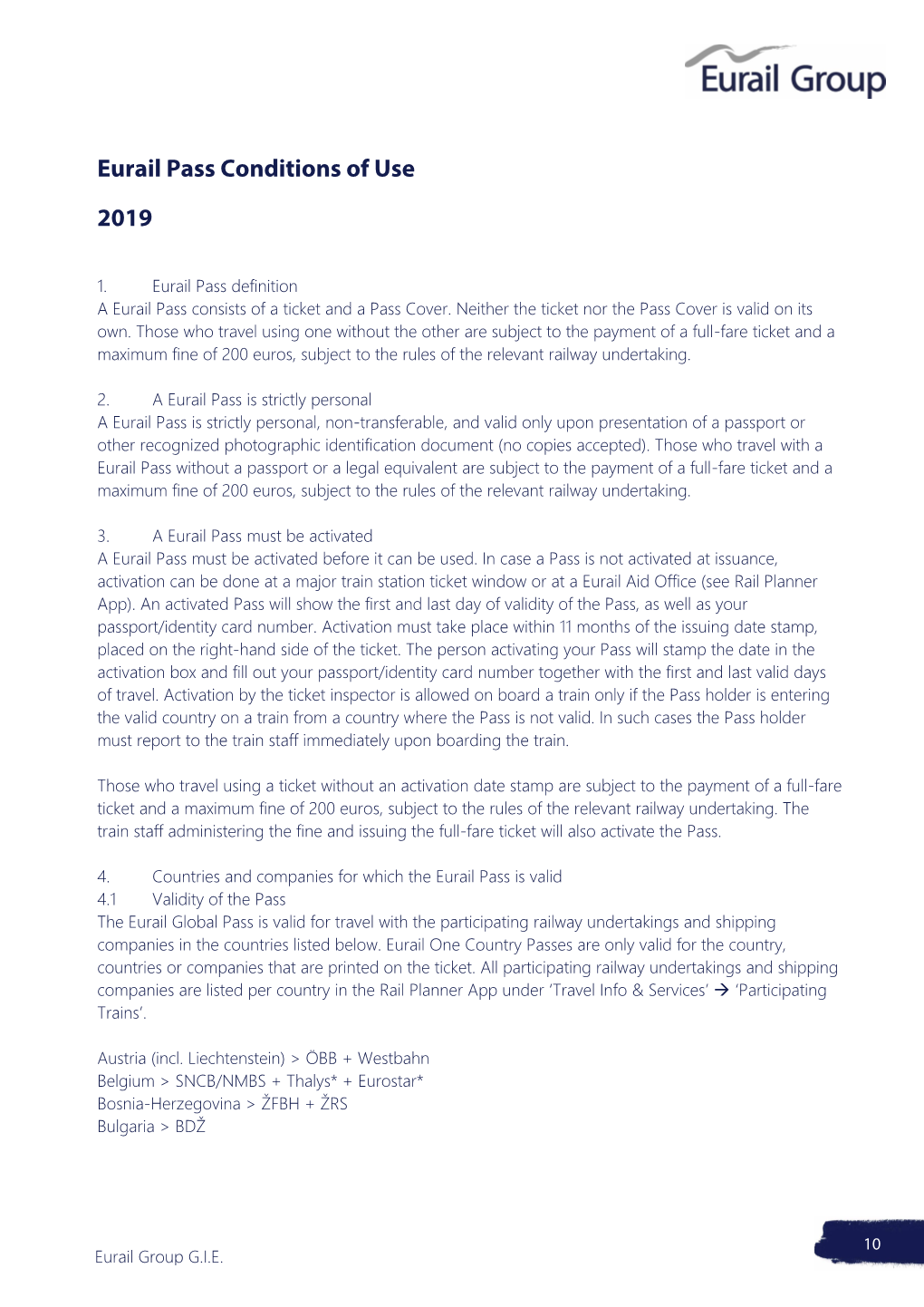 Eurail Pass Conditions of Use 2019