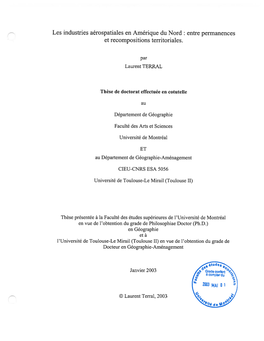 Les Industries Aérospatiales En Amérique Du Nord: Entre Permanences Et Recompositions Territoriales