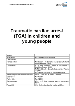 Traumatic Cardiac Arrest (TCA) in Children and Young People