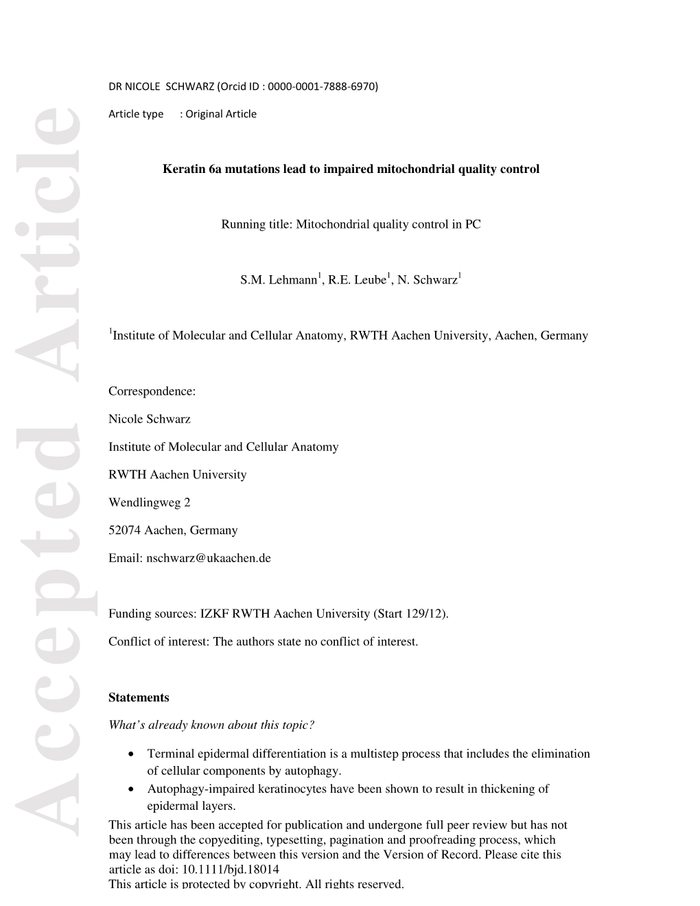 Keratin 6A Mutations Lead to Impaired Mitochondrial Quality Control P Rotected B Running Title: Mitochondrial Quality Incontrol PC Y S.M