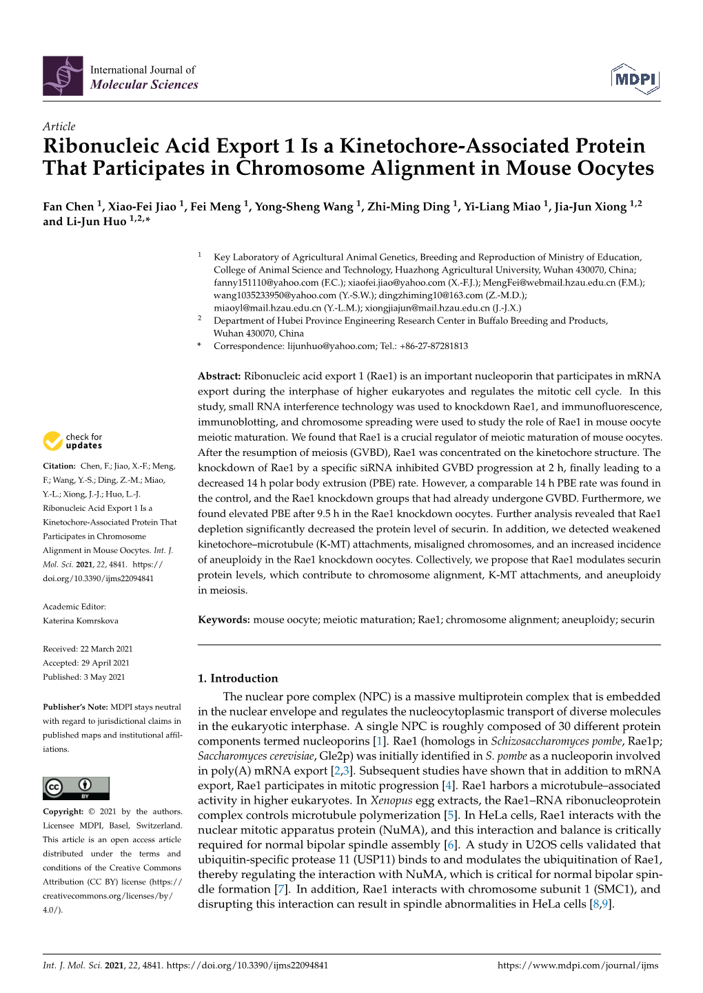 Ribonucleic Acid Export 1 Is a Kinetochore-Associated Protein That Participates in Chromosome Alignment in Mouse Oocytes