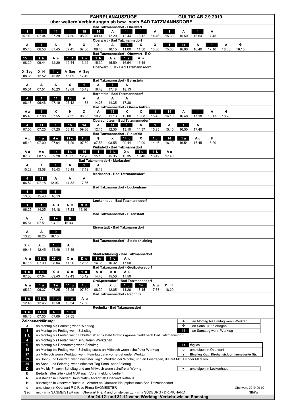 FAHRPLANAUSZÜGE GÜLTIG AB 2.9.2019 Über Weitere Verbindungen Ab Bzw