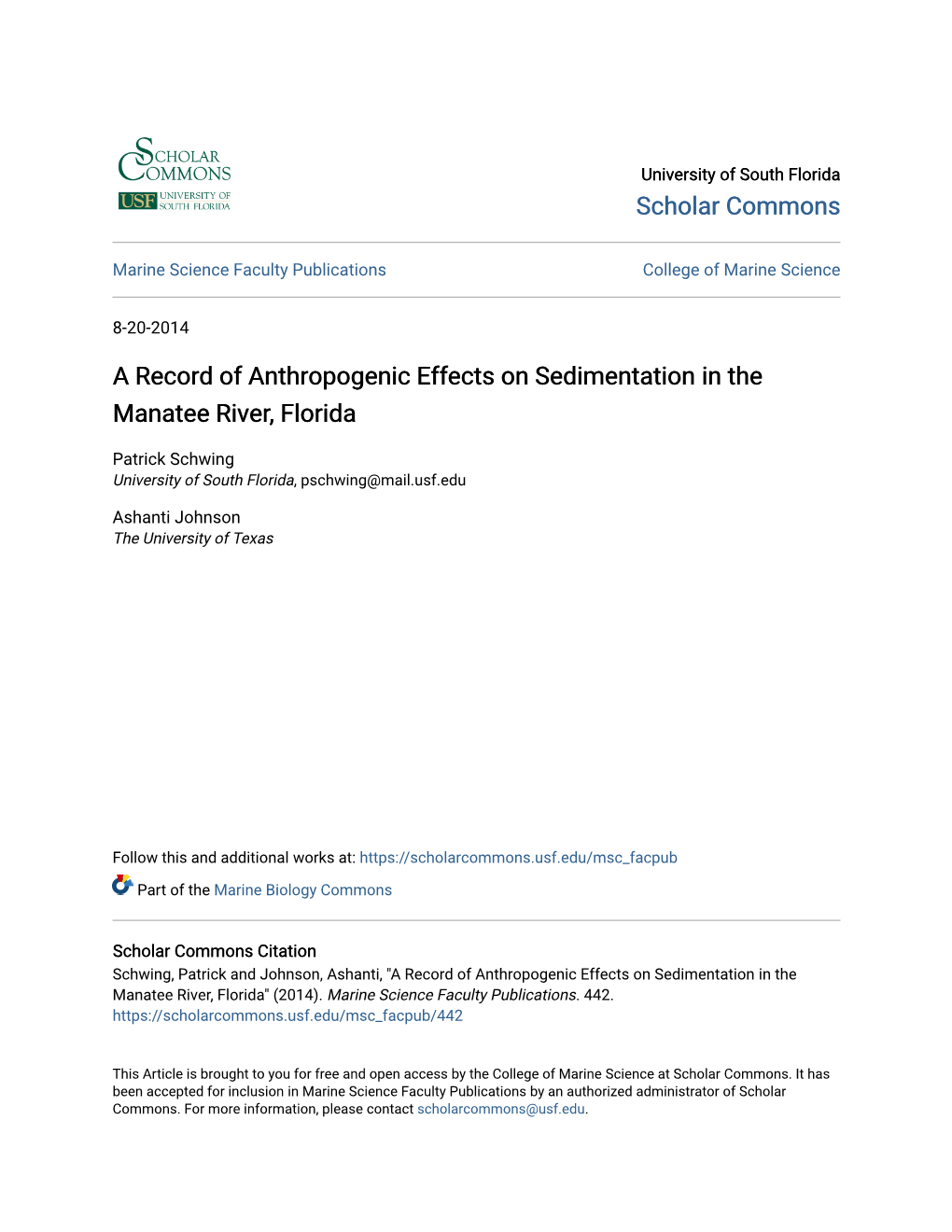 A Record of Anthropogenic Effects on Sedimentation in the Manatee River, Florida