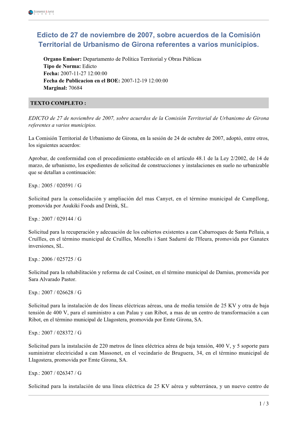 Edicto De 27 De Noviembre De 2007, Sobre Acuerdos De La Comisión Territorial De Urbanismo De Girona Referentes a Varios Municipios