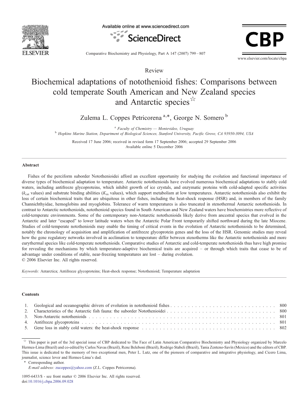 Biochemical Adaptations of Notothenioid Fishes: Comparisons Between Cold Temperate South American and New Zealand Species and Antarctic Species☆ ⁎ Zulema L