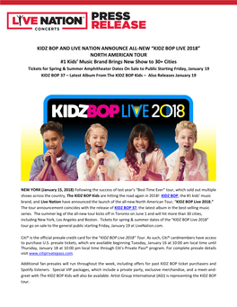 KIDZ BOP and LIVE NATION ANNOUNCE ALL-NEW “KIDZ BOP LIVE 2018” NORTH AMERICAN TOUR #1 Kids' Music Brand Brings New Show To