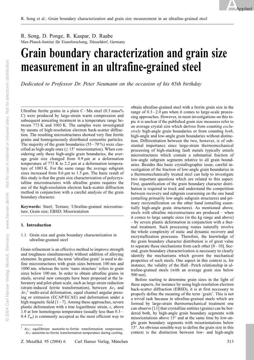 Grain Boundary Characterization and Grain Size Measurement in an Ultrafine-Grained Steel