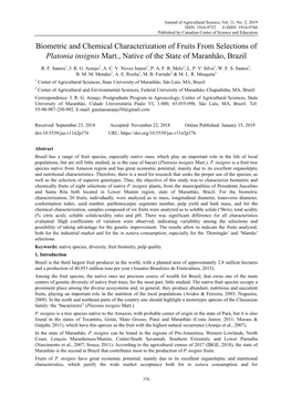 Biometric and Chemical Characterization of Fruits from Selections of Platonia Insignis Mart., Native of the State of Maranhão, Brazil